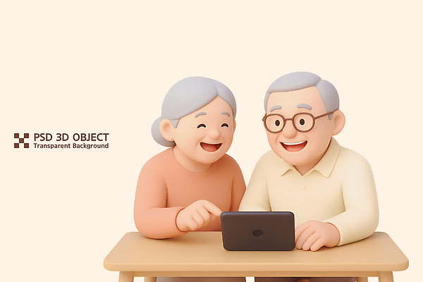 PSD 편집이미지 부부 행복 감정 가족 함께함 3D캐릭터 기술 대화 사랑 웃음 취미 생활 태블릿 노부부 연령 소통 편집3D 캐릭터 커플 컨셉 관계 표정 말하기 전자제품 스마트기기 3D 파일형식