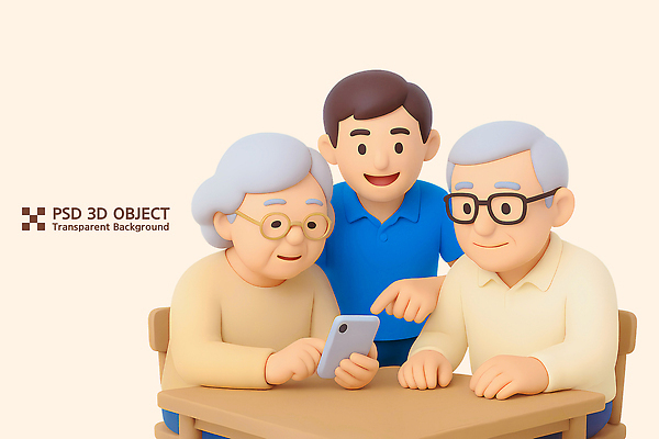 PSD 편집이미지 노년 남자 가족 탁자 3D캐릭터 기술 이야기 대화 웃음 여러명 전자제품 스마트폰 컴퓨터 스크린 즐거움 소통 편집3D 캐릭터 감정 가구 다수 컨셉 관계 표정 말하기 사람 성인 핸드폰 스마트기기 3D 파일형식