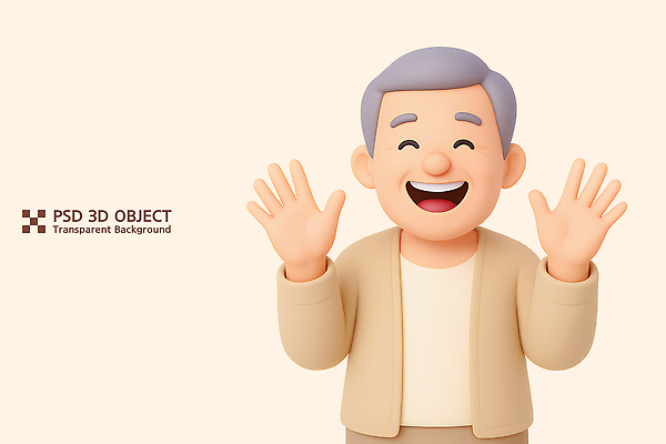 PSD 편집이미지 캐릭터 노년 행복 3D캐릭터 따뜻함 미소 웃음 귀여움 기쁨 표현 인사 긍정 소통 손흔들기 편집3D 감정 컨셉 모션 표정 성인 3D 예절 파일형식