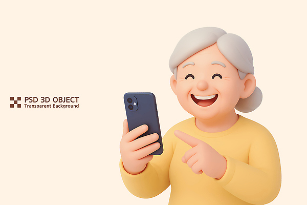 PSD 편집이미지 행복 감정 할머니 포즈 가족 3D캐릭터 기술 웃음 스마트폰 세계 디지털 기쁨 즐거움 소통 편집3D 캐릭터 여자 노년 컨셉 관계 표정 핸드폰 스마트기기 3D 파일형식