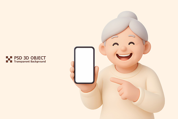 PSD 편집이미지 캐릭터 전통 손 디자인 할머니 포즈 3D캐릭터 기술 표정 웃음 일상 스마트폰 기쁨 세대 소통 편집3D 여자 노년 감정 컨셉 라이프 신체부위 핸드폰 스마트기기 3D 파일형식