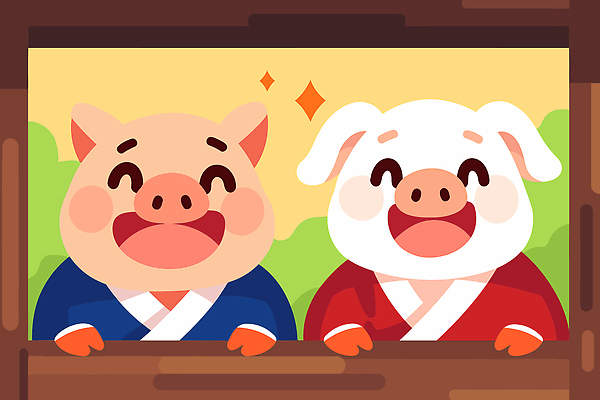 동물 캐릭터 전통 옷 행복 문화 컬러 백그라운드 크리스마스 일러스트 이야기 웃음 잔디 친구 햇빛 귀여움 돼지 전통의상 국내일러스트 AI파일 식물 기념일 감정 컨셉 포유류 관계 표정 태양 파일형식 벡터