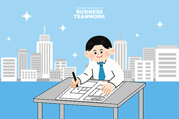 디자인 남자 일러스트 비즈니스 탁자 하늘 커뮤니케이션 협력 풍경 건물 그래픽 사무실 도시 작업 계획 집중 창의력 국내일러스트 계획서 AI파일 건축물 가구 컨셉 사람 문서 파일형식 벡터