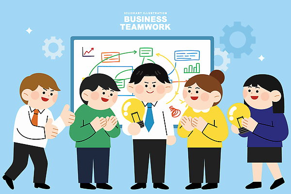 일러스트 회사 비즈니스 성공 회의 그래프 협력 아이디어 자료 발전 계획 토론 직원 전략 공유 소통 창의성 브레인스토밍 국내일러스트 AI파일 컨셉 파일형식 벡터