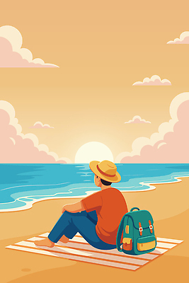옷 남자 여유 모래 바다 여행 일러스트 배낭 자연 휴식 풍경 해변 일상 여름 일몰 감상 편안함 국내일러스트 AI파일 계절 감정 컨셉 가방 사람 라이프 노을 감각 생태계 파일형식 벡터
