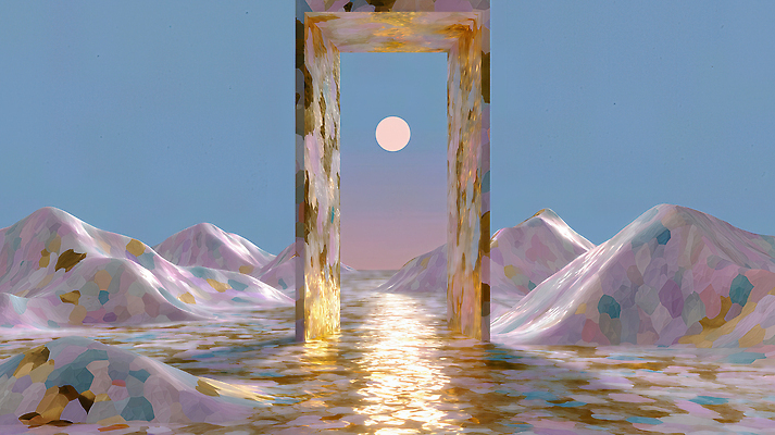 JPG 편집이미지 바다 자연 산 풍경 빛 태양 문 저녁 신비 조화 뷰티풀 몽환 이미지편집 AI컴퓨터그래픽 AI콘텐츠 자연요소 컨셉 야간 생태계 파일형식