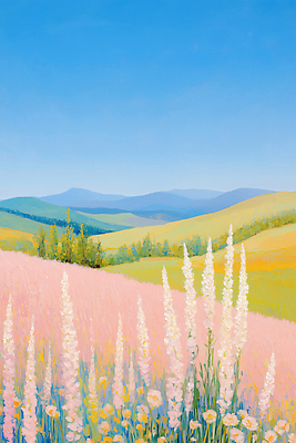 JPG 식물 사계절 꽃 화초 컬러 백그라운드 일러스트 자연 해바라기 산 풍경 초원 여름 평화 뷰티풀 평원 풍경화 핑크뮬리 국내일러스트 AI일러스트 AI콘텐츠 계절 컨셉 그림 생태계 파일형식