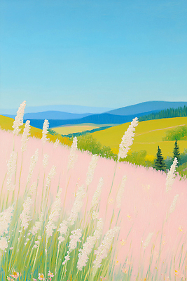 JPG 계절 꽃 분홍색 곤충 일러스트 자연 하늘 날씨 산 풍경 초원 초록색 파란색 햇빛 평화 흰색 뷰티풀 핑크뮬리 국내일러스트 AI일러스트 AI콘텐츠 식물 동물 컬러 컨셉 태양 생태계 파일형식