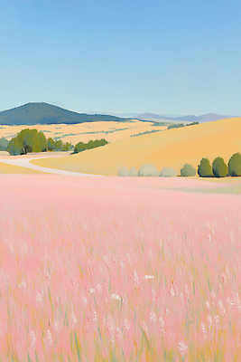 JPG 나무 꽃 분홍색 컬러 일러스트 자연 하늘 산 곡류 풍경 초원 여름 평화 캠핑 들꽃 금색 조화 뷰티풀 목가 핑크뮬리 국내일러스트 AI일러스트 AI콘텐츠 식물 계절 컨셉 레저 생태계 파일형식