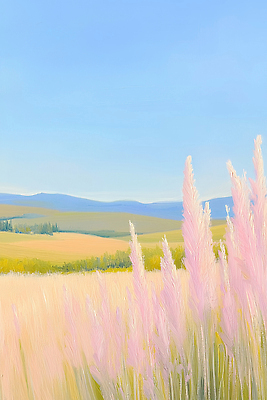 JPG 식물 분홍색 컬러 일러스트 자연 하늘 아침 산 풍경 초원 초록색 평화 성장 조용 멀리 뷰티풀 핑크뮬리 국내일러스트 AI일러스트 AI콘텐츠 주간 컨셉 생태계 파일형식