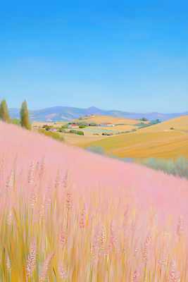 JPG 계절 꽃 감정 분홍색 컬러 일러스트 자연 하늘 산 풍경 초원 태양 평화 마을 산책 농촌 조화 뷰티풀 핑크뮬리 국내일러스트 AI일러스트 AI콘텐츠 자연요소 식물 컨셉 휴식 시골 생태계 파일형식