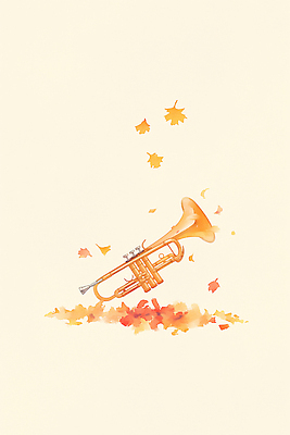 JPG 예술 음악 컬러 단풍 낙엽 잎 일러스트 자연 풍경 소리 공연 금색 가을 감각 금관악기 트럼펫 감성 재즈 뷰티풀 색감 창의성 국내일러스트 AI일러스트 AI콘텐츠 식물 계절 컨셉 문화예술 관악기 이벤트 생태계 파일형식