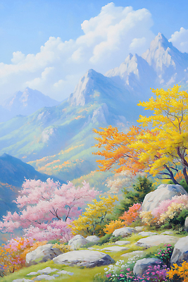 JPG 나무 꽃 일러스트 자연 하늘 산 꽃나무 풍경 잔디 안개 숲 시원함 조화 뷰티풀 색채 경관 산맥 국내일러스트 AI일러스트 AI콘텐츠 식물 날씨 생태계 파일형식