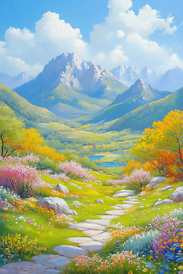 JPG 계절 꽃 길 컬러 여행 일러스트 자연 하늘 수채화 산 풍경 초록색 햇빛 평화 봄 감각 뷰티풀 국내일러스트 AI일러스트 AI콘텐츠 식물 컨셉 태양 생태계 파일형식