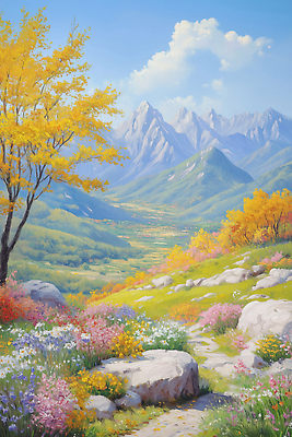 JPG 나무 꽃 컬러 일러스트 자연 하늘 산 풍경 초원 여름 파란색 평화 계곡 들꽃 화사함 조화 뷰티풀 국내일러스트 AI일러스트 AI콘텐츠 식물 계절 컨셉 생태계 파일형식