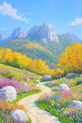 JPG 나무 꽃 컬러 일러스트 자연 하늘 산 거리 풍경 초원 봄 산책 돌_바위 산길 조화 뷰티풀 청명 국내일러스트 AI일러스트 AI콘텐츠 식물 계절 길 휴식 생태계 파일형식