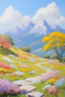 JPG 나무 식물 꽃 길 일러스트 자연 산 풍경 파란색 햇빛 평화 계곡 봄 화려 뷰티풀 산맥 국내일러스트 AI일러스트 AI콘텐츠 계절 컬러 컨셉 태양 생태계 파일형식