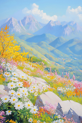 JPG 꽃 화초 분홍색 컬러 일러스트 자연 하늘 산 풍경 초원 관광지 노란색 봄 흰색 대기 산봉우리 뷰티풀 국내일러스트 AI일러스트 AI콘텐츠 식물 계절 여행 생태계 봉우리 파일형식