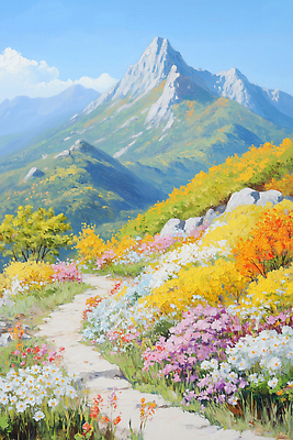 JPG 식물 꽃 길 컬러 여행 일러스트 자연 하늘 산 풍경 햇빛 평화 봄 산책 고산지대 뷰티풀 몽환 경관 국내일러스트 AI일러스트 AI콘텐츠 계절 컨셉 휴식 태양 생태계 파일형식