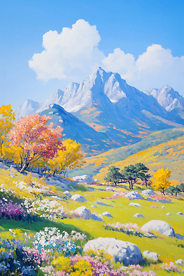 JPG 나무 꽃 컬러 여행 일러스트 자연 하늘 생명 산 풍경 초원 일출 일몰 조화 뷰티풀 풍경화 국내일러스트 AI일러스트 AI콘텐츠 식물 노을 그림 생태계 파일형식