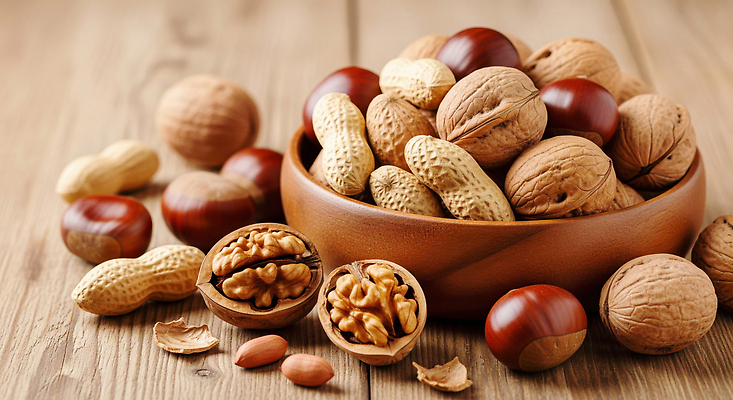 JPG 편집이미지 자연 탁자 디저트 식사 견과류 밤 땅콩 호두 아몬드 레시피 건강식 나무그릇 편집실사 AI포토 AI콘텐츠 그릇 음식 가구 목재 CG 생태계 파일형식