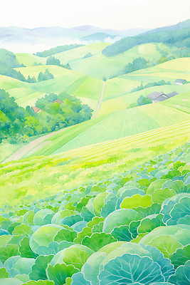 JPG 나무 밭 일러스트 자연 하늘 풍경 초원 여름 농장 평화 농사 고요 수확 시골 언덕 양배추 국내일러스트 AI일러스트 AI콘텐츠 식물 계절 컨셉 농업 채소 생태계 파일형식