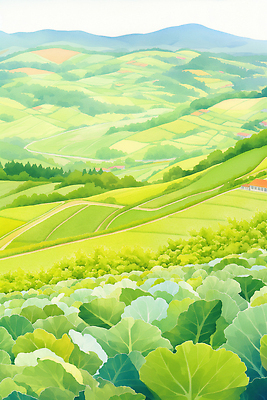 JPG 채소 일러스트 자연 생명 산 풍경 초록색 농작물 햇빛 농장 평화 환경 일몰 농촌 시골 신선 언덕 지역 풍경화 국내일러스트 AI일러스트 AI콘텐츠 컬러 컨셉 농업 태양 노을 그림 생태계 파일형식