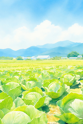 JPG 계절 여유 밭 채소 일러스트 자연 하늘 산 풍경 일상 파란색 농작물 햇빛 농장 평화 시골 신선 농부 배추 국내일러스트 AI일러스트 AI콘텐츠 직업 감정 컬러 컨셉 농업 라이프 태양 생태계 파일형식