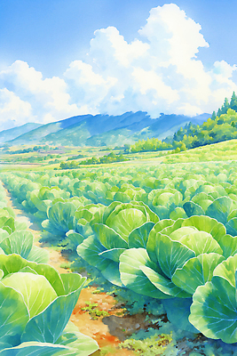 JPG 식물 밭 농업 채소 일러스트 자연 하늘 날씨 산 풍경 초록색 여름 평화 환경 농사 농촌 신선 배추 뷰티풀 국내일러스트 AI일러스트 AI콘텐츠 계절 산업 컬러 컨셉 시골 생태계 파일형식