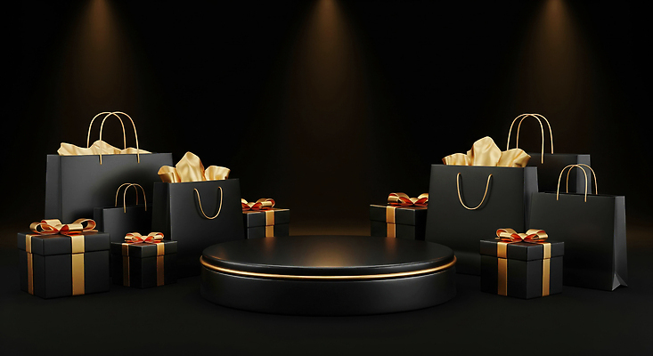 JPG 편집이미지 디자인 리본 포장 검은배경 조명 선물 이벤트 장식 쇼핑 상자 쇼핑백 환경 축제 금색 고급 이미지편집 AI컴퓨터그래픽 AI콘텐츠 컬러 백그라운드 컨셉 가방 검은색 파일형식