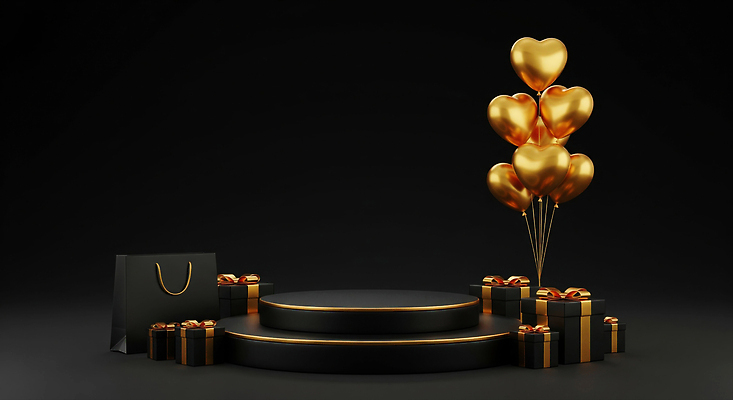JPG 편집이미지 백그라운드 기념 선물 이벤트 장식 상자 파티 금색 무대 하트 축하 풍선 세련 이미지편집 AI컴퓨터그래픽 AI콘텐츠 모양 컬러 컨셉 파일형식