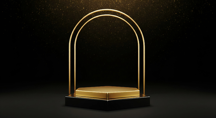 JPG 편집이미지 디자인 예술 백그라운드 조명 장식 금색 무대 구조물 우아함 트로피 받침대 아치 특별함 이미지편집 AI컴퓨터그래픽 AI콘텐츠 건축 컬러 컨셉 상_우승 파일형식