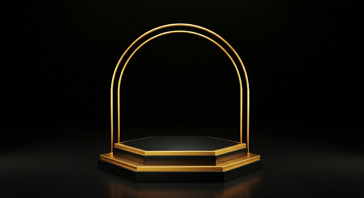 JPG 편집이미지 디자인 예술 조명 장식 인테리어 전시 공간 금색 구조물 고급 받침대 아치 다각형 독창 이미지편집 AI컴퓨터그래픽 AI콘텐츠 도형 건축 컬러 컨셉 파일형식