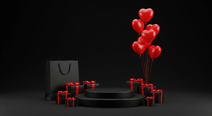 JPG 편집이미지 기념일 검은배경 선물 사랑 이벤트 장식 빨간색 파티 공간 기쁨 로맨틱 하트 축하 하트풍선 이미지편집 AI컴퓨터그래픽 AI콘텐츠 모양 감정 컬러 백그라운드 컨셉 검은색 풍선 파일형식