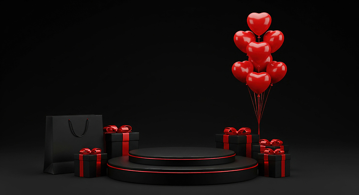 JPG 편집이미지 기념일 포장 선물 사랑 이벤트 장식 빨간색 파티 검은색 무대 하트 축하 생일 풍선 이미지편집 AI컴퓨터그래픽 AI콘텐츠 모양 감정 컬러 컨셉 파일형식