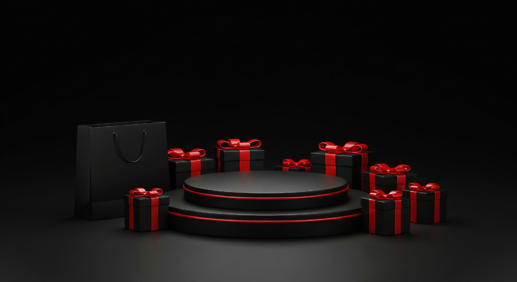 JPG 편집이미지 디자인 기념일 리본 백그라운드 포장 조명 선물 이벤트 장식 빨간색 쇼핑백 검은색 무대 축하 이미지편집 AI컴퓨터그래픽 AI콘텐츠 컬러 컨셉 가방 파일형식