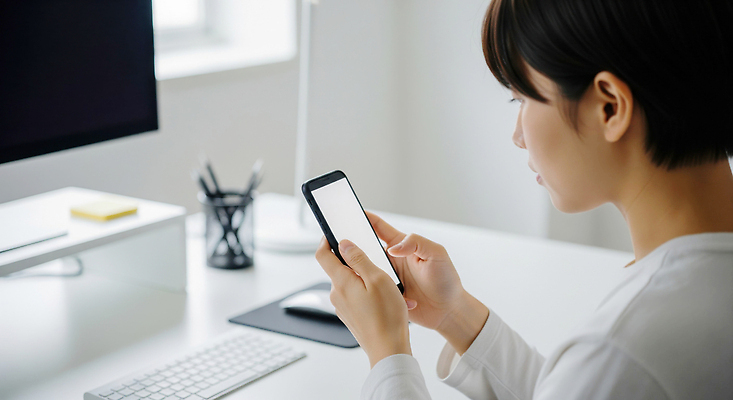 JPG 편집이미지 여자 탁자 커뮤니케이션 기술 일상 스마트폰 컴퓨터 사무실 모니터 사무용품 업무 작업 집중 정리 의료성형뷰티 편집실사 AI인물포토 AI콘텐츠 가구 컨셉 비즈니스 문구용품 사람 라이프 전자제품 핸드폰 스마트기기 CG 파일형식 AI포토