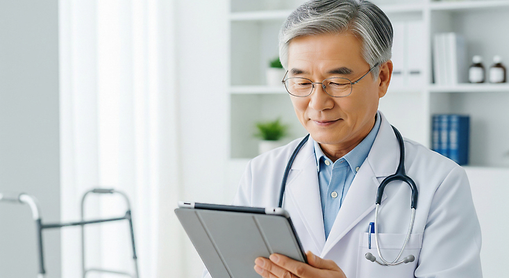 JPG 편집이미지 남자 의학 기술 건강 치료 태블릿 환자 의사 정보 전문직 연령 집중 상담 진료실 의료성형뷰티 편집실사 AI인물포토 AI콘텐츠 직업 컨셉 병원 사람 전자제품 스마트기기 진료 의료진 CG 파일형식 AI포토