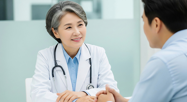 JPG 편집이미지 의학 건강 대화 치료 믿음 진료 환자 의사 질병 상담 전문 증상 진료실 의료성형뷰티 편집실사 AI인물포토 AI콘텐츠 감정 병원 말하기 의료진 CG 파일형식 AI포토