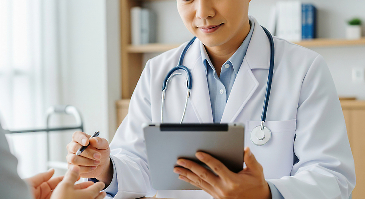 JPG 편집이미지 의학 건강 병원 대화 치료 태블릿 환자 의사 정보 기록 상담 전문 진료실 의료성형뷰티 편집실사 AI인물포토 AI콘텐츠 말하기 전자제품 스마트기기 진료 의료진 CG 파일형식 AI포토