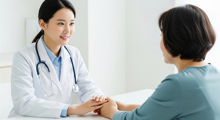 JPG 편집이미지 의학 친절 건강 병원 대화 치료 진료 환자 의료진 의사 상담 소통 의료성형뷰티 심리상담 편집실사 AI인물포토 AI콘텐츠 직업 컨셉 말하기 CG 파일형식 AI포토