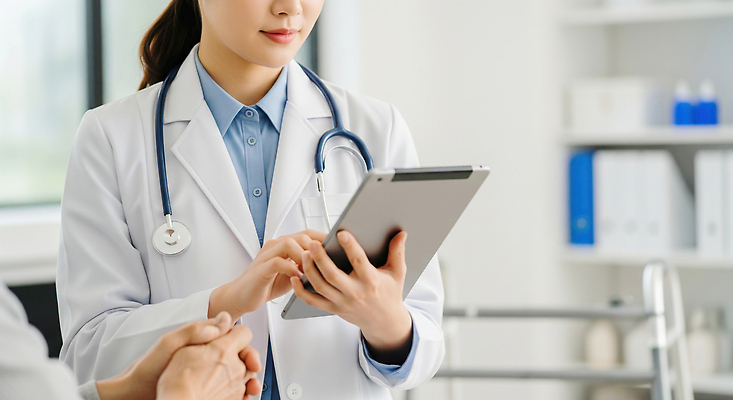 JPG 편집이미지 의학 실내 건강 병원 대화 치료 태블릿 진료 환자 간호사 정보 전문직 간호 체크표시 상담 의료성형뷰티 편집실사 AI인물포토 AI콘텐츠 직업 말하기 내부 전자제품 스마트기기 의료진 CG 확인 파일형식 AI포토