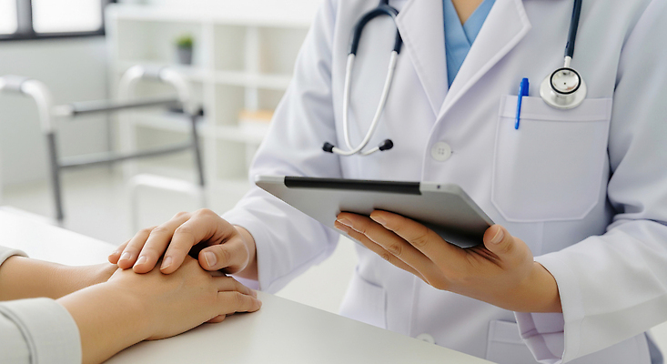 JPG 편집이미지 손 의학 커뮤니케이션 건강 병원 치료 태블릿 진료 환자 의사 정보 전문직 상담 증상 의료성형뷰티 편집실사 AI인물포토 AI콘텐츠 직업 신체부위 전자제품 스마트기기 의료진 CG 파일형식 AI포토