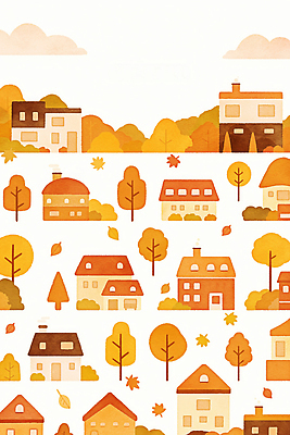 JPG 나무 잎 일러스트 자연 생명 주택 따뜻함 풍경 일상 노란색 마을 주황색 고요 편안함 지역 뷰티풀 색감 전경 국내일러스트 AI일러스트 AI콘텐츠 식물 컬러 건물 라이프 감각 생태계 파일형식 탑뷰