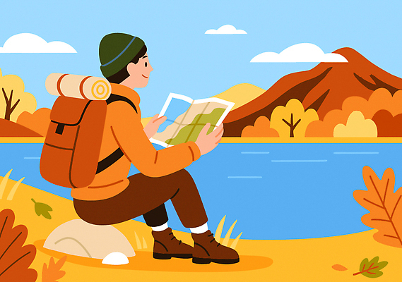 계절 여행 컨셉 가방 관계 레저 트래킹 생태계 파일형식 벡터 하이커 자연 지도 호수 산 풍경 등산 아웃도어 휴식 탐험 도전 스포츠 친구 배낭 캠핑 야외활동 국내일러스트 AI파일 일러스트 하이킹 가을