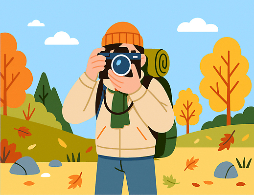 자연요소 식물 옷 계절 감정 컨셉 가방 레저 날씨 전자제품 생태계 파일형식 벡터 자연 풍경 포토 카메라 여행 촬영 사람 컬러 나무 배낭 바람 산 잎 캐주얼 야외 모션 여유 체험 국내일러스트 AI파일 일러스트 하이킹 가을