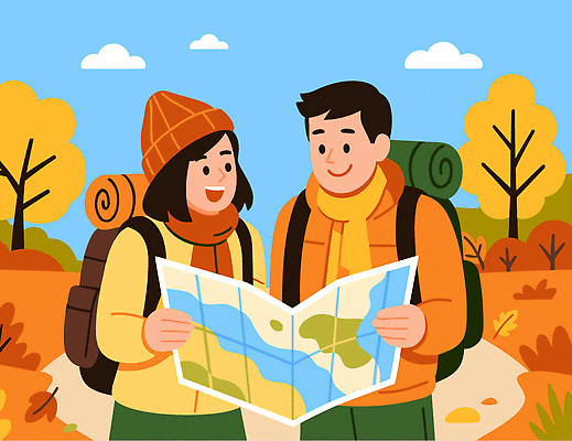 계절 감정 잎 가방 관계 레저 등산 트래킹 생태계 파일형식 벡터 등산객 지도 숲 여행 배낭 친구 탐험 자연 하이킹 풍경 단풍 길찾기 즐거움 모션 여름 준비 국내일러스트 AI파일 일러스트 가을