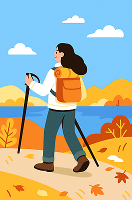 식물 계절 컨셉 잎 가방 모션 레저 휴식 건강 생태계 파일형식 벡터 하이킹 산책 자연 풍경 호수 나무 나뭇잎 사람 여행 배낭 걷기 운동 야외 탐험 자유 활발 국내일러스트 AI파일 일러스트 가을