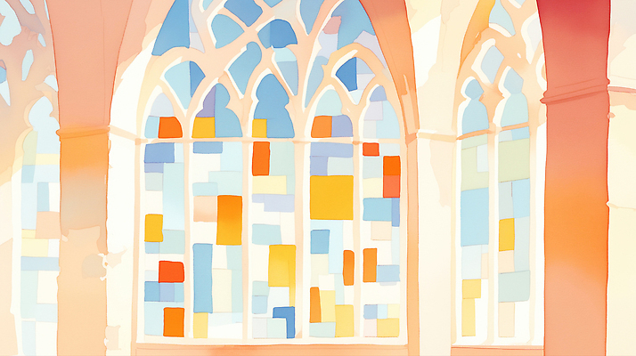 JPG 모양 디자인 건축 예술 컬러 일러스트 창문 따뜻함 내부 건물 빛 평화 공간 분위기 구출 감동 조용 스테인드글라스 국내일러스트 AI일러스트 AI콘텐츠 건축물 감정 컨셉 유리 도움 파일형식
