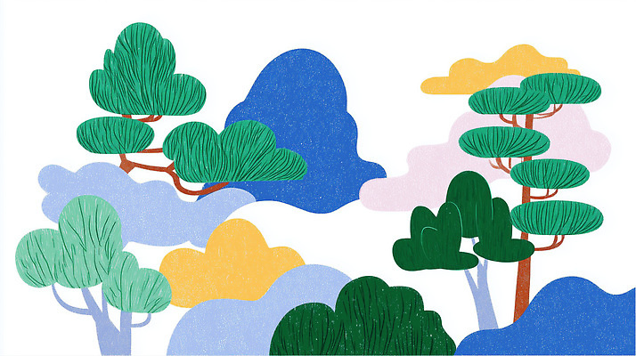 JPG 모양 나무 디자인 여유 예술 컬러 일러스트 자연 하늘 풍경 초록색 파란색 평화 신선 그림 조화 비율 색채 국내일러스트 AI일러스트 AI콘텐츠 식물 감정 컨셉 생태계 파일형식